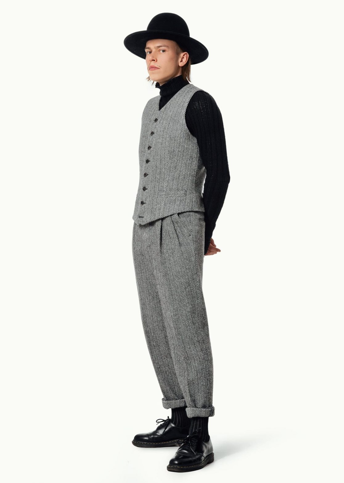 Men - Waistcoats - V Vest B/W Herringbone Image Primary