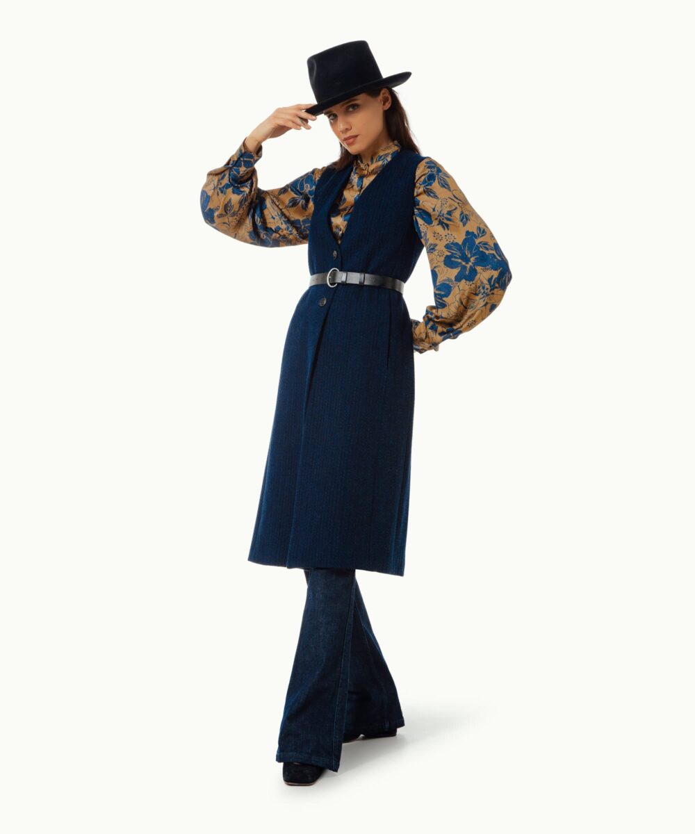 Women - Denim - Waistcoats - Gilet Blue Indigo Herringbone Image 1